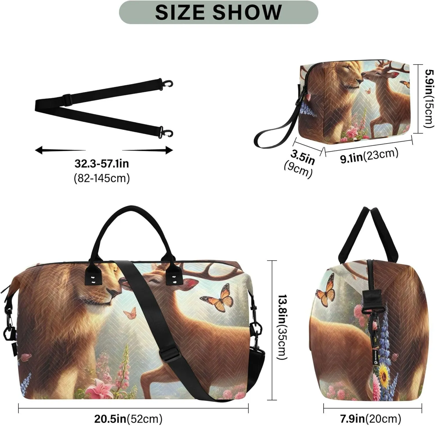 Lion Kiss Deer Floral Duffel Bags Travel Toiletry Pouches Set of 2, Print Women Luggage Bag Overnight Hospital Bag