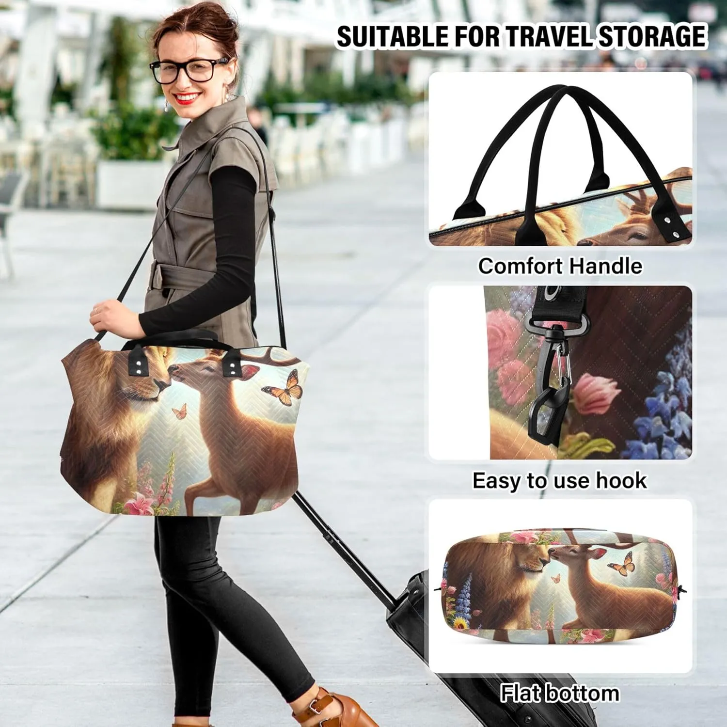 Lion Kiss Deer Floral Duffel Bags Travel Toiletry Pouches Set of 2, Print Women Luggage Bag Overnight Hospital Bag