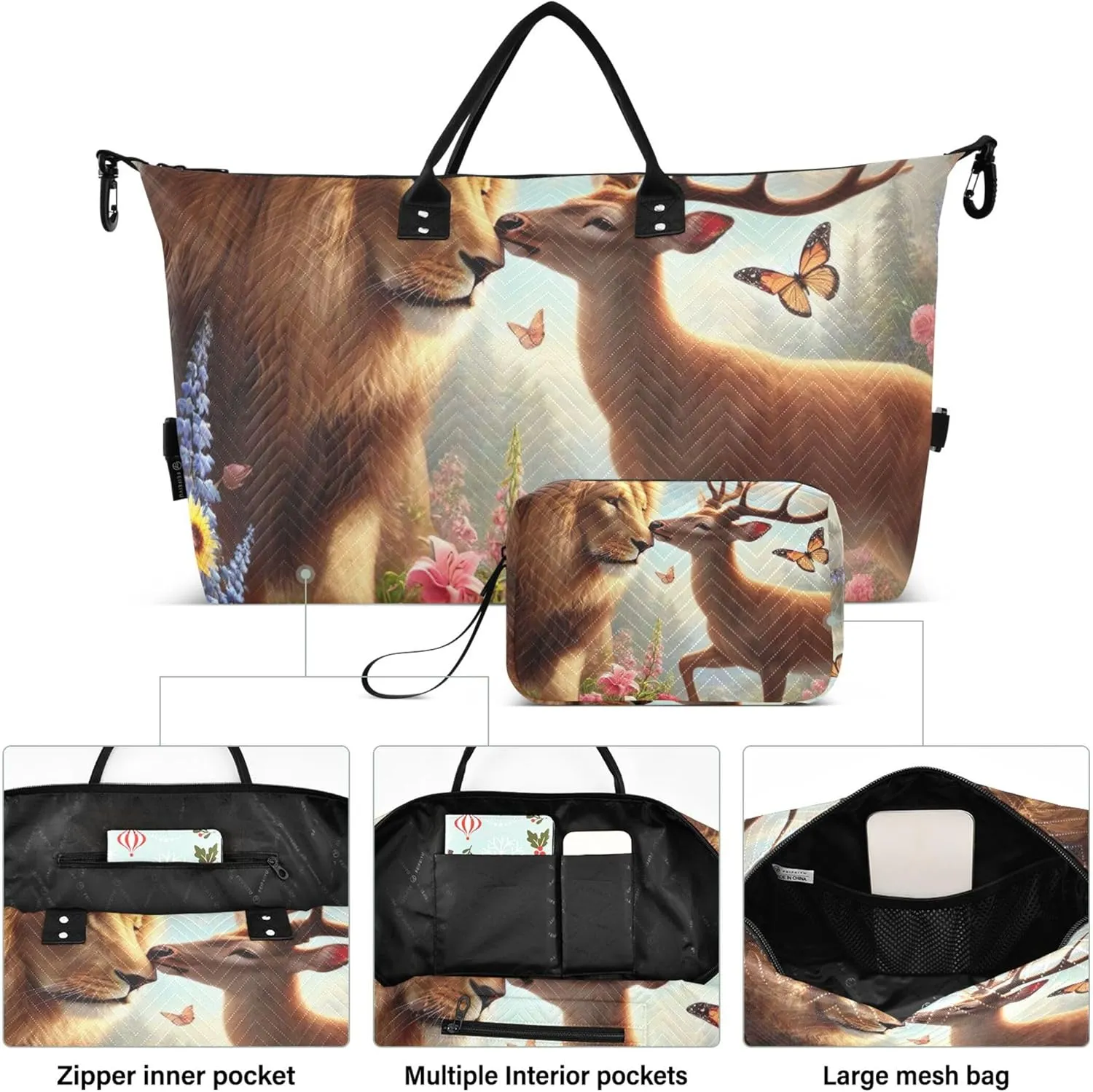 Lion Kiss Deer Floral Duffel Bags Travel Toiletry Pouches Set of 2, Print Women Luggage Bag Overnight Hospital Bag