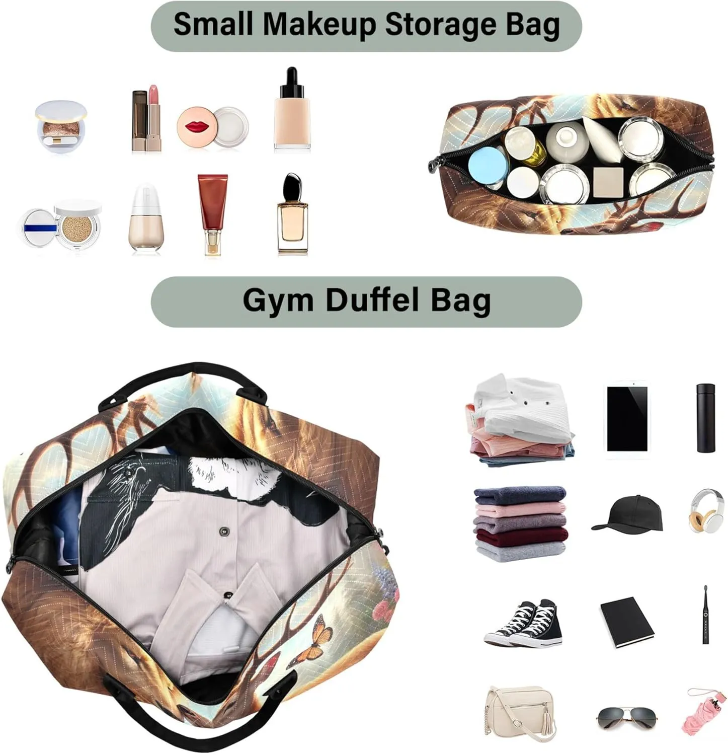 Lion Kiss Deer Floral Duffel Bags Travel Toiletry Pouches Set of 2, Print Women Luggage Bag Overnight Hospital Bag