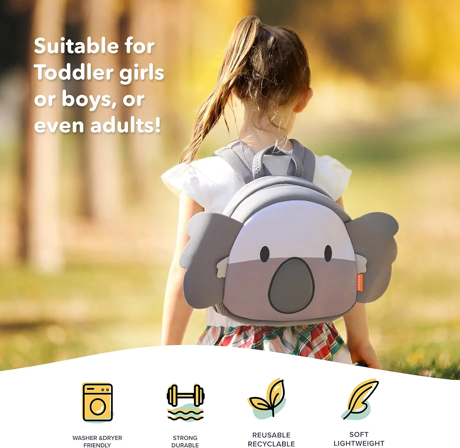 Little Dyno Toddler Koala Backpack & Lunch & Beach Bag, 8.6x9.4 inch, Waterproof, Washer & Dryer Safe, recyclable material, for Boys & Girls for outdoor & preschool