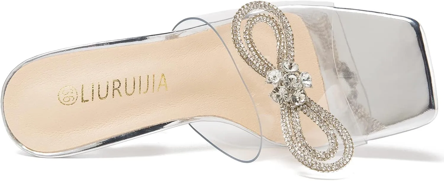 LIURUIJIA Women's Rhinestone Bow Heels Sparkly Clear Heeled Sandals Mules Slip On Wedding Bridal Dress Shoes