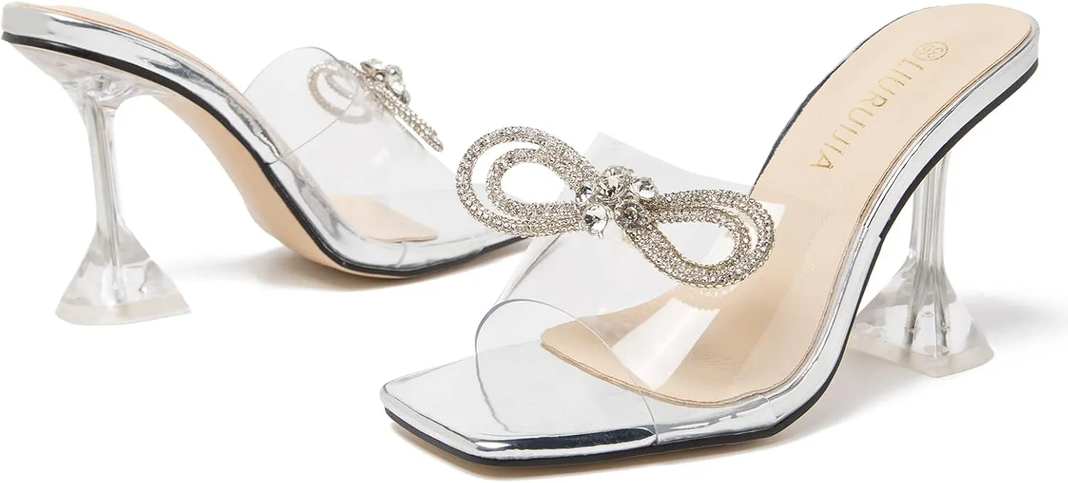 LIURUIJIA Women's Rhinestone Bow Heels Sparkly Clear Heeled Sandals Mules Slip On Wedding Bridal Dress Shoes