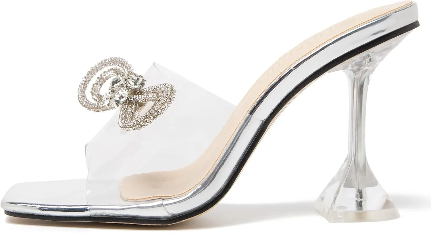 LIURUIJIA Women's Rhinestone Bow Heels Sparkly Clear Heeled Sandals Mules Slip On Wedding Bridal Dress Shoes