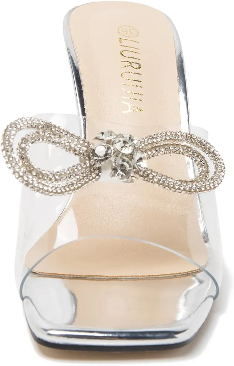 LIURUIJIA Women's Rhinestone Bow Heels Sparkly Clear Heeled Sandals Mules Slip On Wedding Bridal Dress Shoes