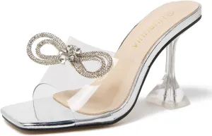 LIURUIJIA Women's Rhinestone Bow Heels Sparkly Clear Heeled Sandals Mules Slip On Wedding Bridal Dress Shoes