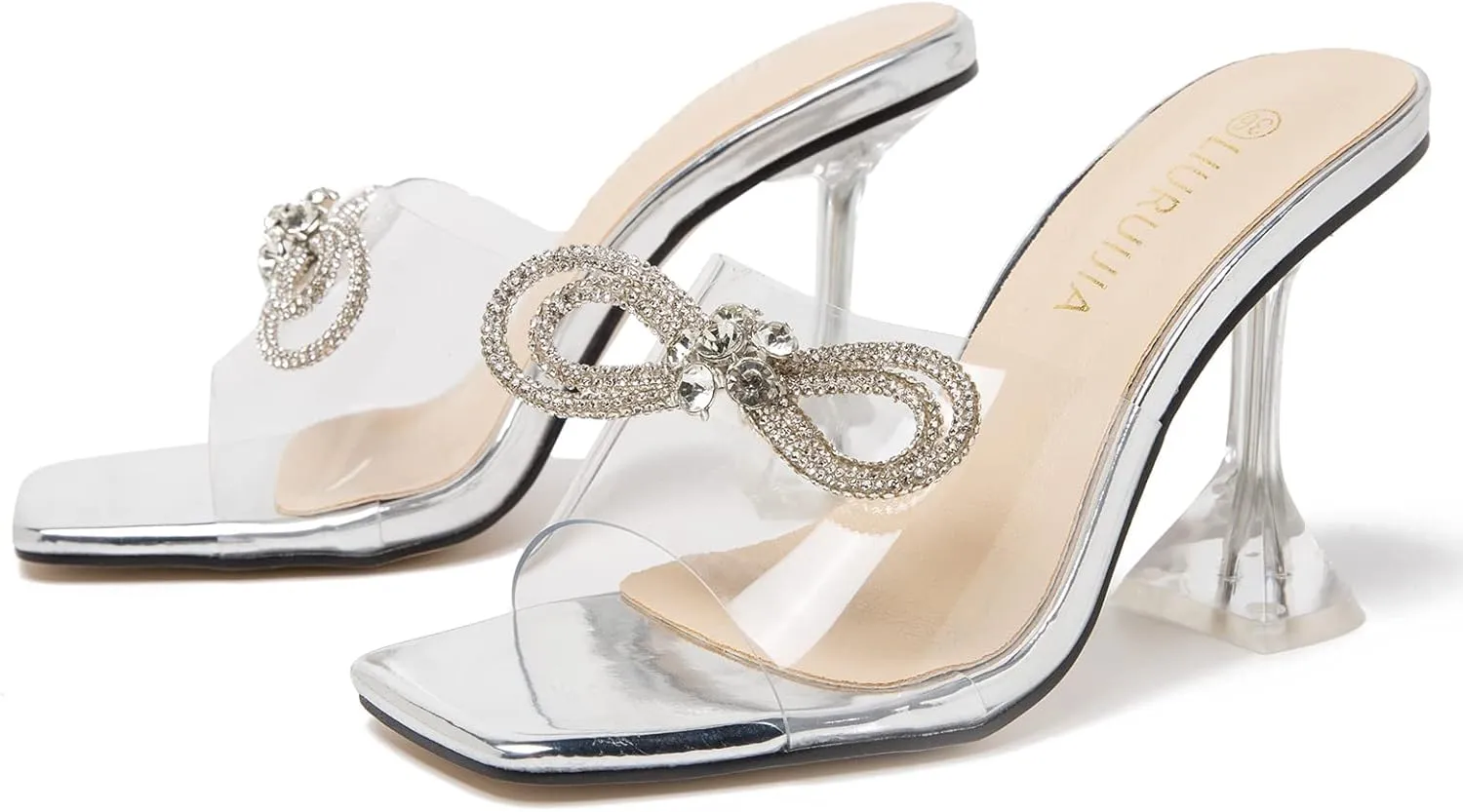 LIURUIJIA Women's Rhinestone Bow Heels Sparkly Clear Heeled Sandals Mules Slip On Wedding Bridal Dress Shoes