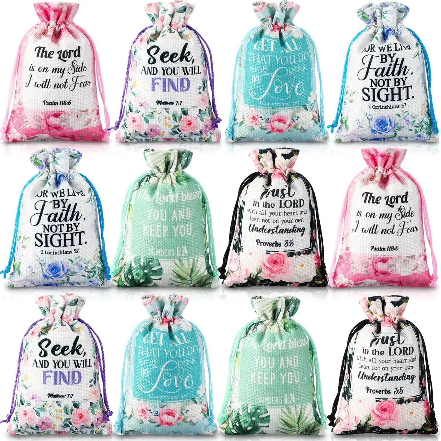 Locmeo 60 Pcs Bible Verse Religious Gift Bags with Drawstring 4 x 6 Inch Floral Christian Candy Gift Wrapping Bags for Women Mother's Day Party Favor Jewelry