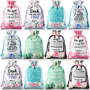 Locmeo 60 Pcs Bible Verse Religious Gift Bags with Drawstring 4 x 6 Inch Floral Christian Candy Gift Wrapping Bags for Women Mother's Day Party Favor Jewelry