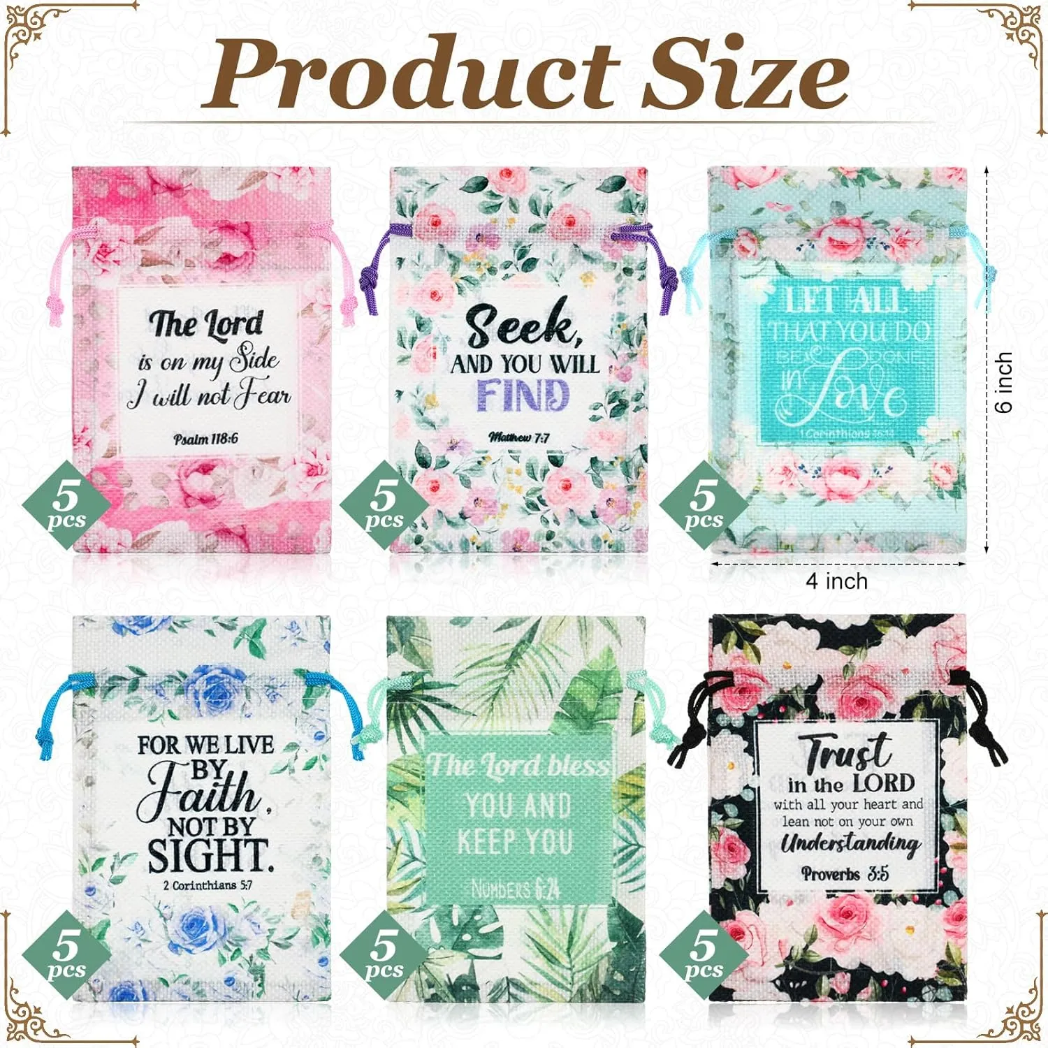 Locmeo 60 Pcs Bible Verse Religious Gift Bags with Drawstring 4 x 6 Inch Floral Christian Candy Gift Wrapping Bags for Women Mother's Day Party Favor Jewelry