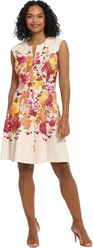 London Times Women's Feminine Floral Split Neck Flattering Fit and Flare Career Guest of Chic Polished