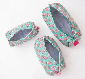 LOOKNSOURCE Cotton Toiletry Bag Floral Print Green Color Toiletry Bag Peck of 3 for Women