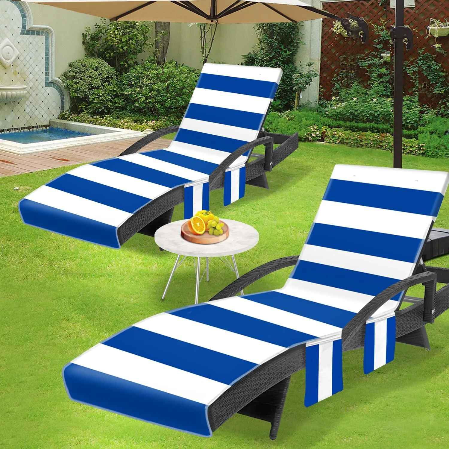 Lounge Chair Towel Cover, Chaise Lounge Cover (Pack of 2), Beach Chair Covers with 3 Pockets for Pool Sunbathing Beach Garden Courtyard Outdoor Trips, 85 x30 in, H Striped Dark Blue