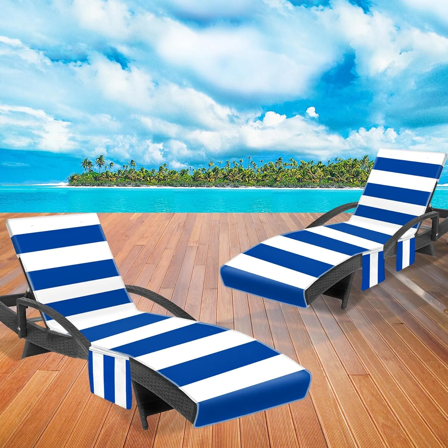 Lounge Chair Towel Cover, Chaise Lounge Cover (Pack of 2), Beach Chair Covers with 3 Pockets for Pool Sunbathing Beach Garden Courtyard Outdoor Trips, 85 x30 in, H Striped Dark Blue