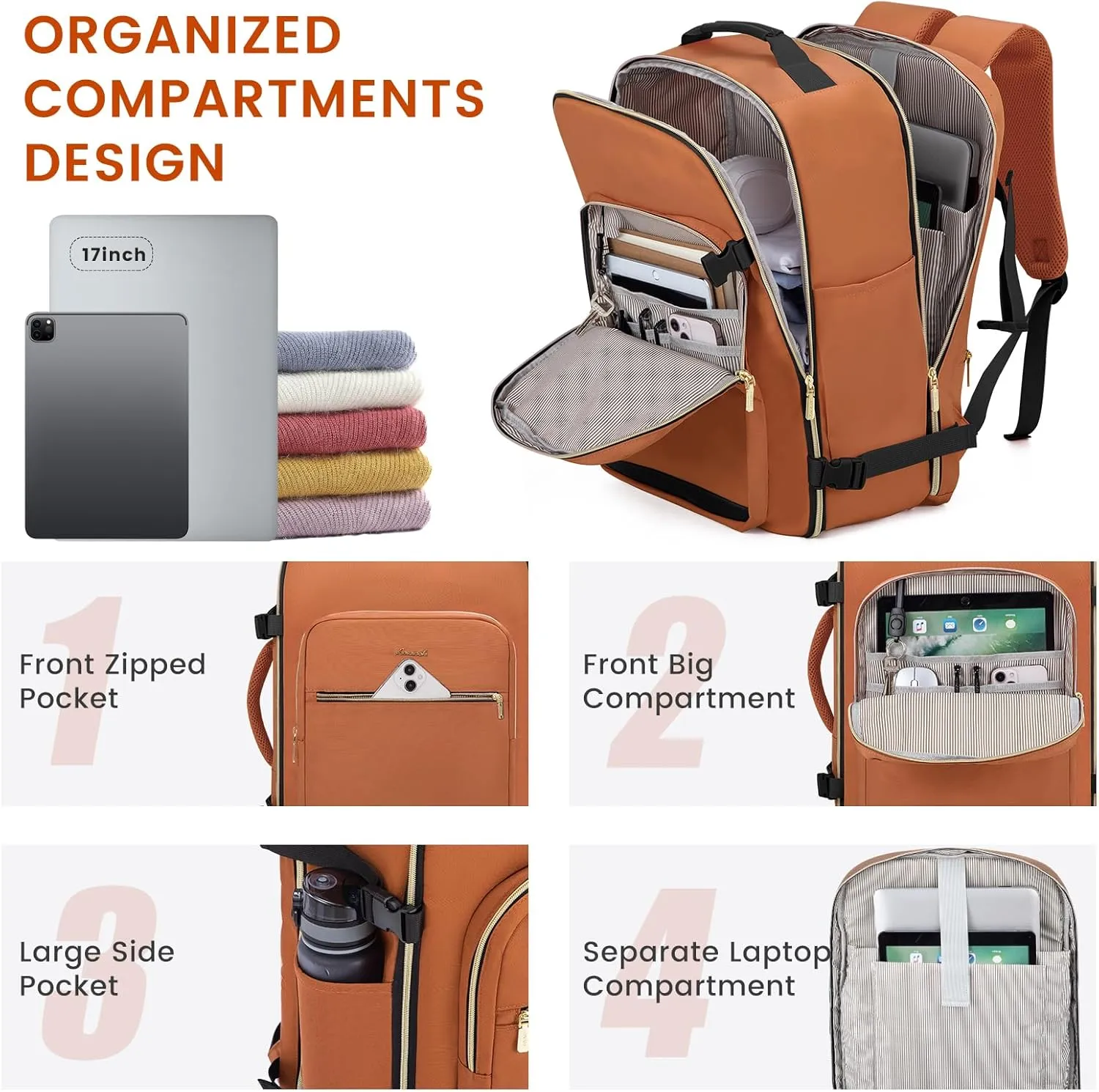 LOVEVOOK 40L Large Travel Backpack for Women Men, 17 Inch Carry on Backpack for Traveling on Airplane, Personal Item Travel Bag Airline Approved, Business Causal Weekender Backpack, Brown Yellow-Black