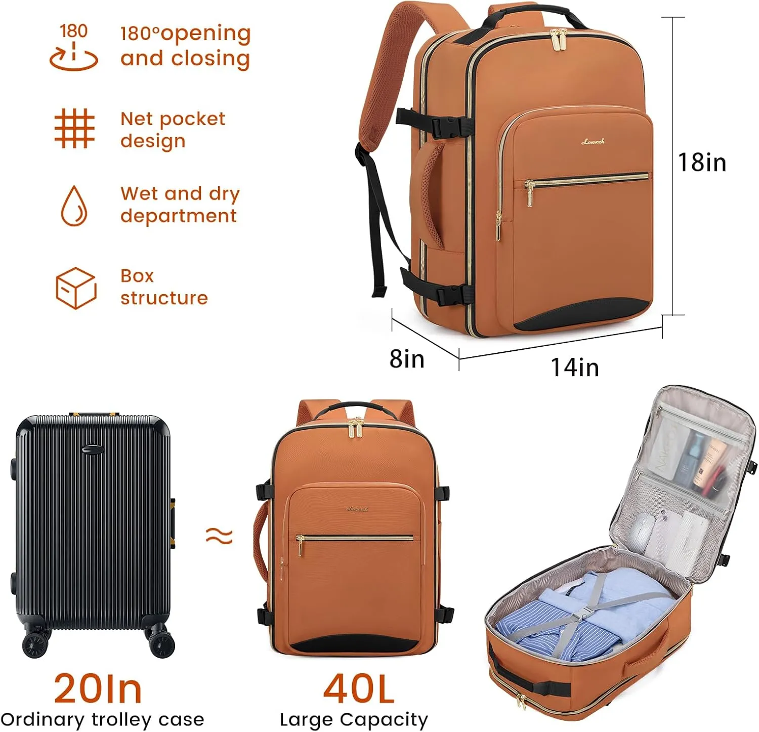 LOVEVOOK 40L Large Travel Backpack for Women Men, 17 Inch Carry on Backpack for Traveling on Airplane, Personal Item Travel Bag Airline Approved, Business Causal Weekender Backpack, Brown Yellow-Black