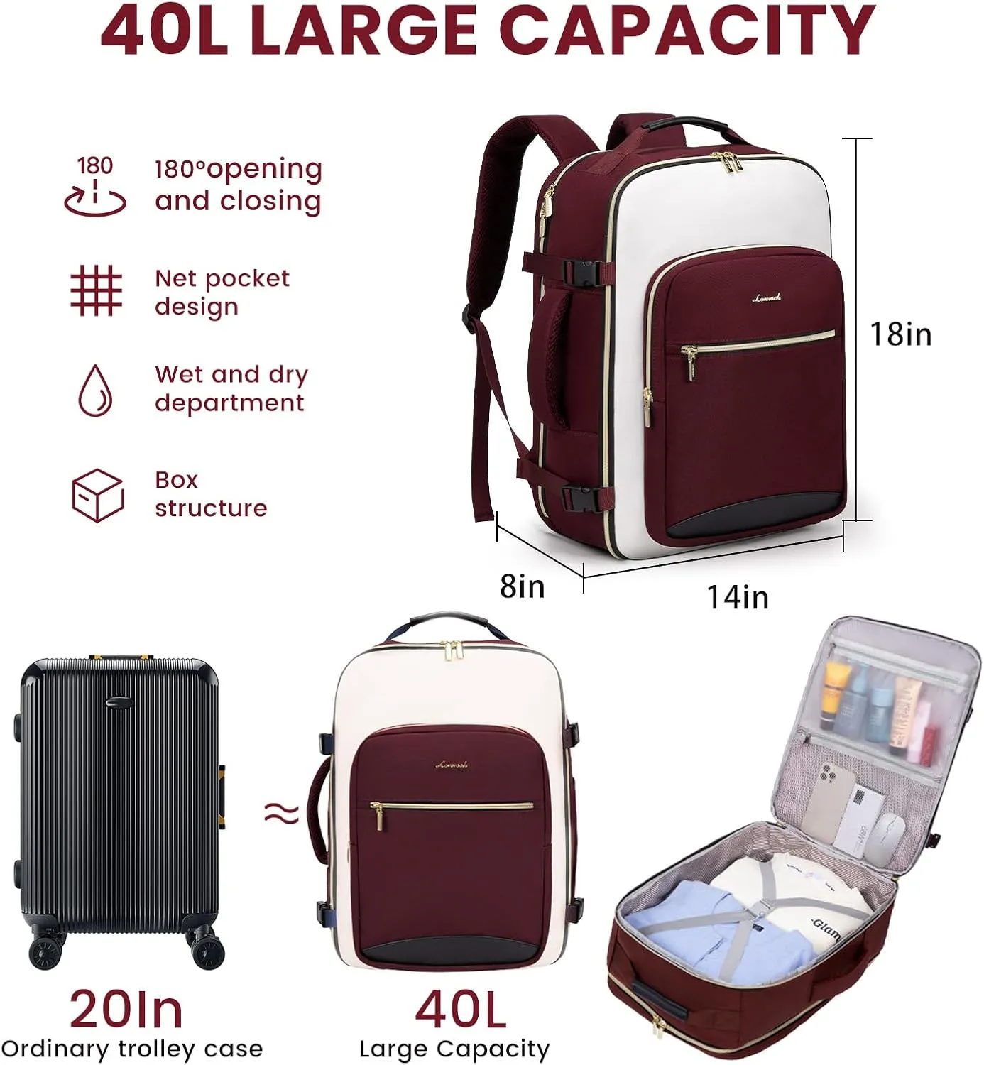 LOVEVOOK 40L Large Travel Backpack for Women Men, 17 Inch Carry on Backpack for Traveling on Airplane, Personal Item Travel Bag Airline Approved, Business Causal Weekender Backpacks