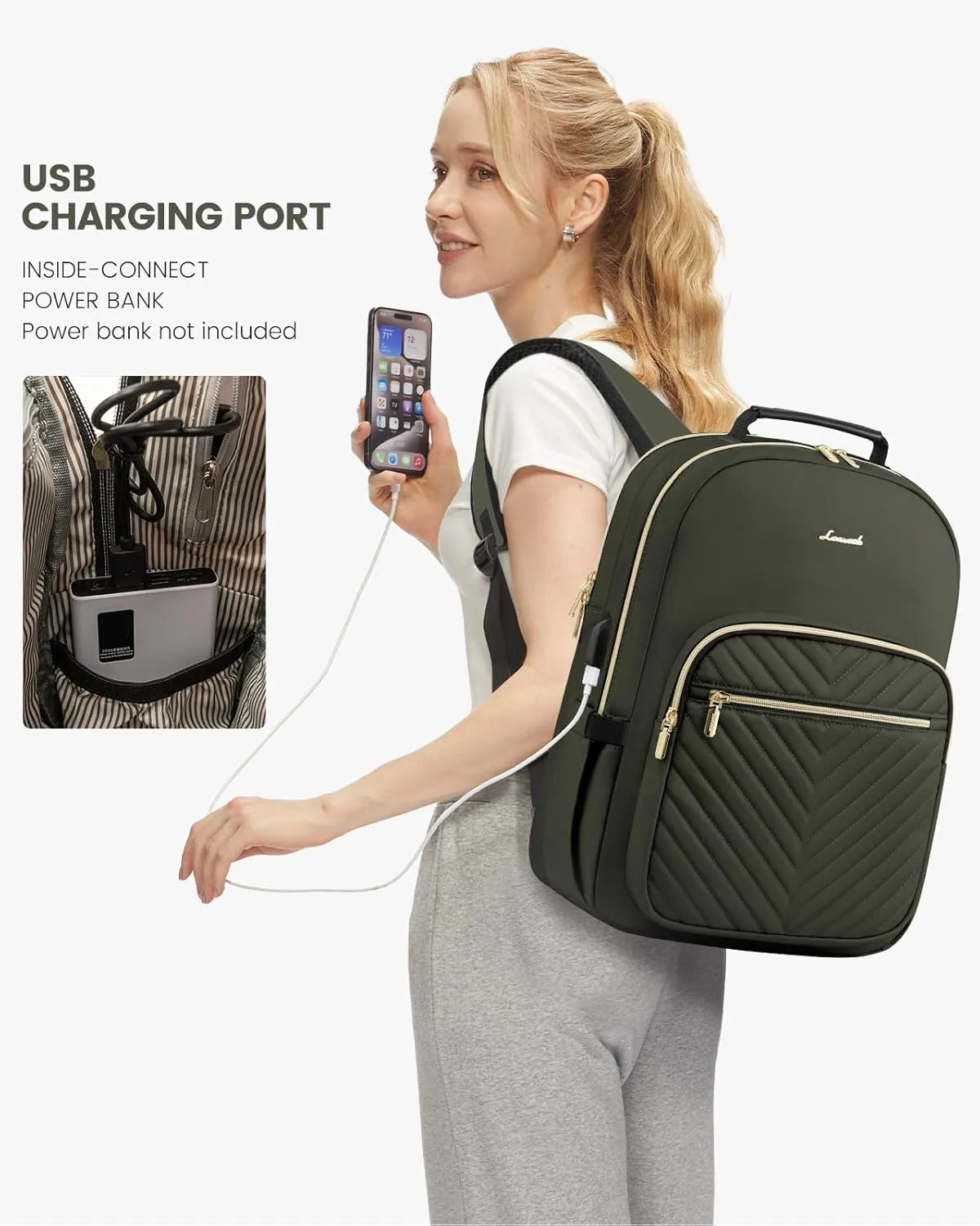 LOVEVOOK Laptop Backpack Purse for Women, Work Business Travel Computer Bags, College Nurse Backpack for Womens, Quilted Casual Daypack with USB Port, Fit 15.6 Inch Laptop, Army Green