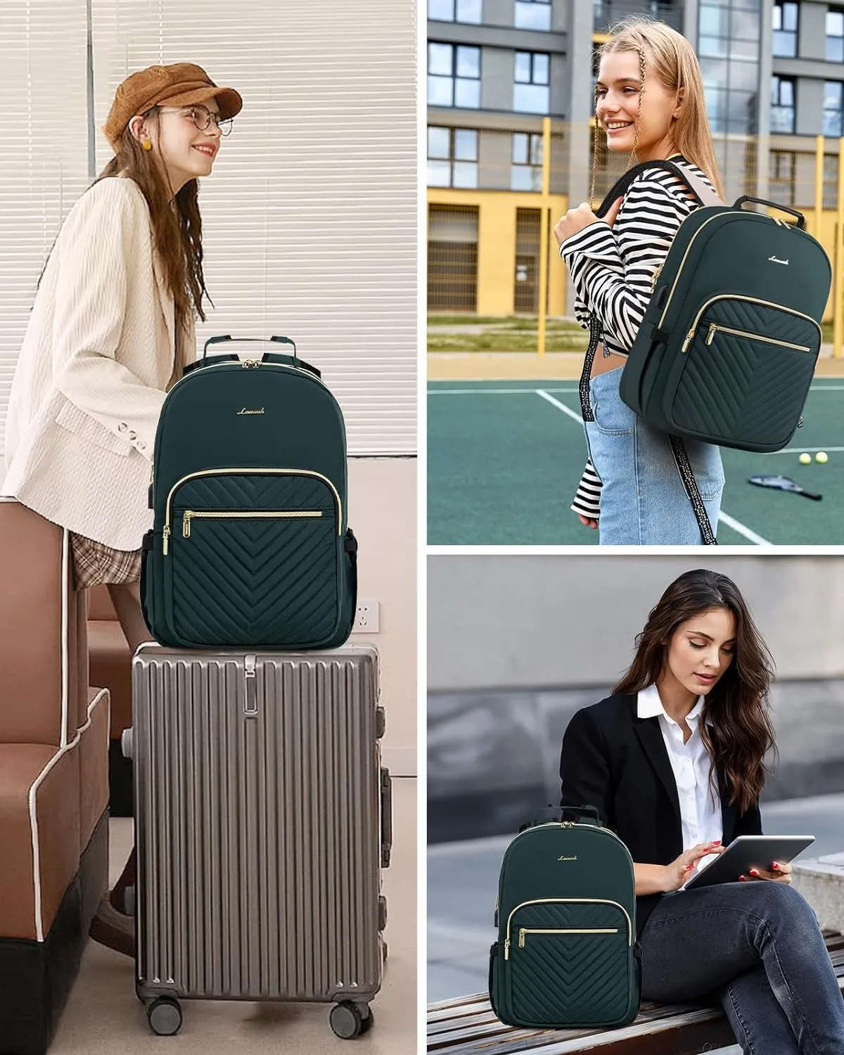LOVEVOOK Laptop Backpack Purse for Women, Work Business Travel Computer Bags, College Nurse Backpack for Womens, Quilted Casual Daypack with USB Port, Fit 15.6 Inch Laptop, Deepgreen