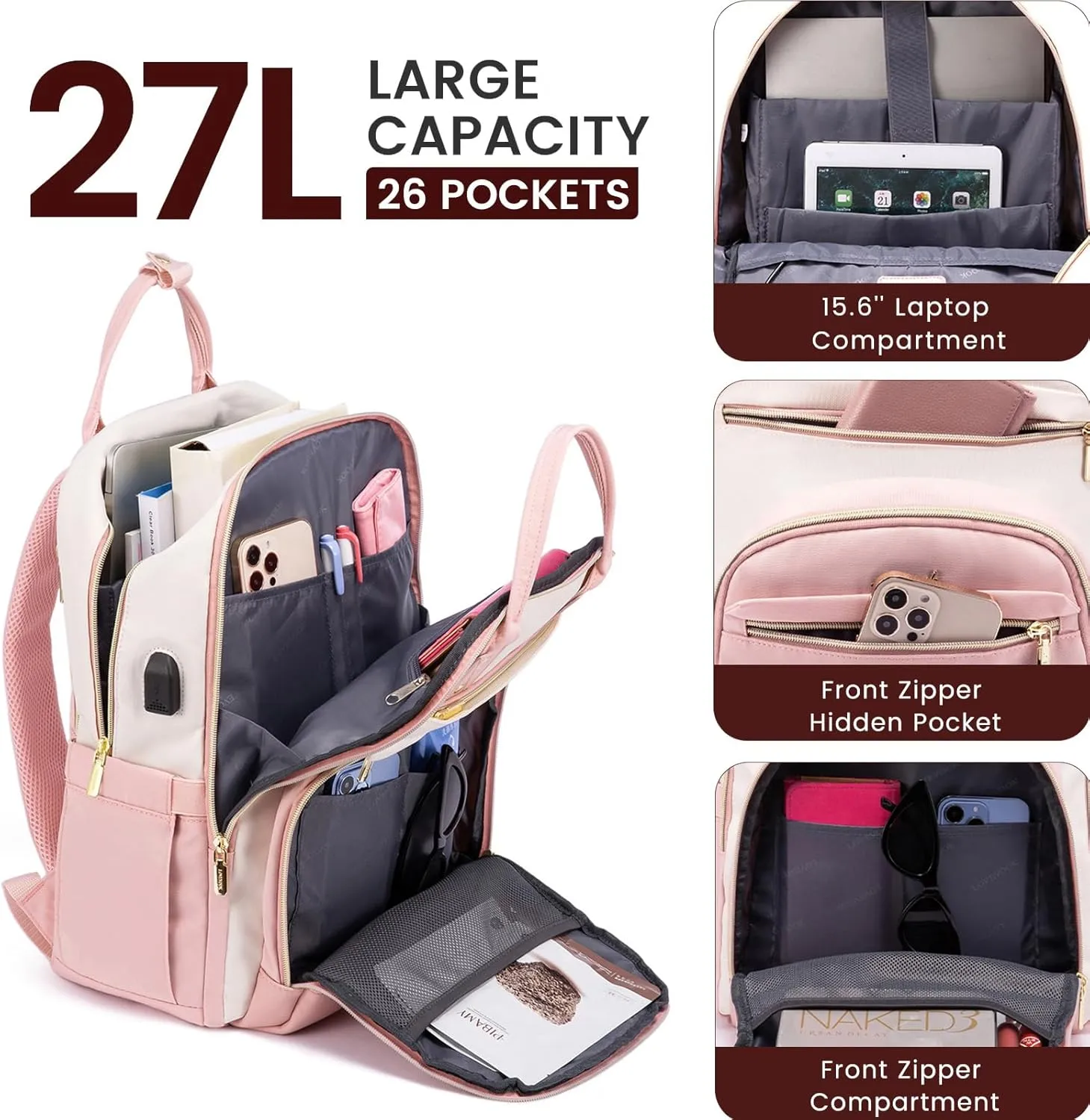 LOVEVOOK Laptop Backpack Women,Large Capacity 15.6 inch Laptop Bag Travel Backpack for Women,Computer Work College Teacher Backpacks with USB Port,Waterproof Personal Item Backpack Casual Daypack