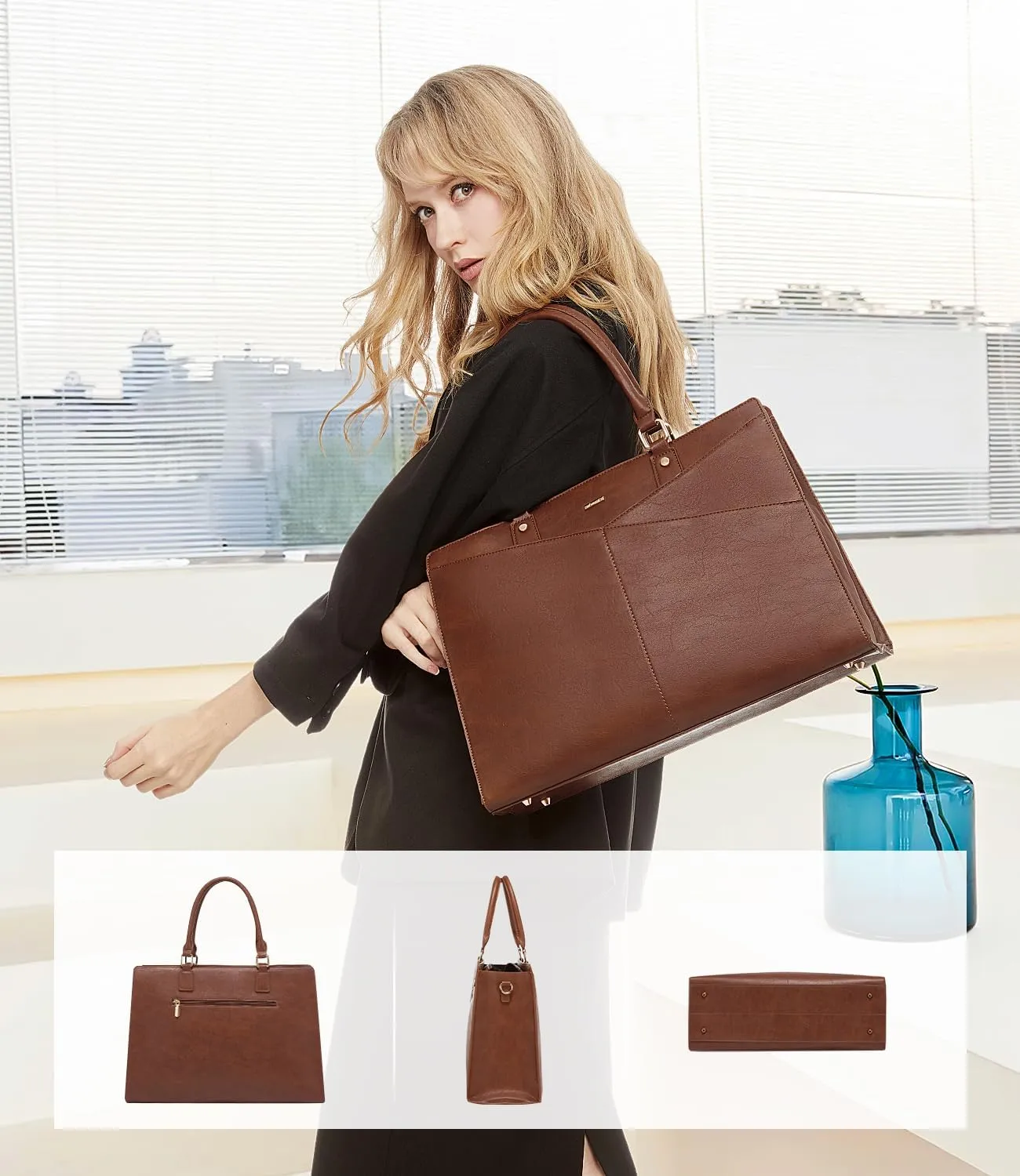 LOVEVOOK Laptop Tote Bag for Women, Leather Business Office Work Bag Computer Briefcase with Small Clutch fit for 15.6 Inch Laptop Retro Brown