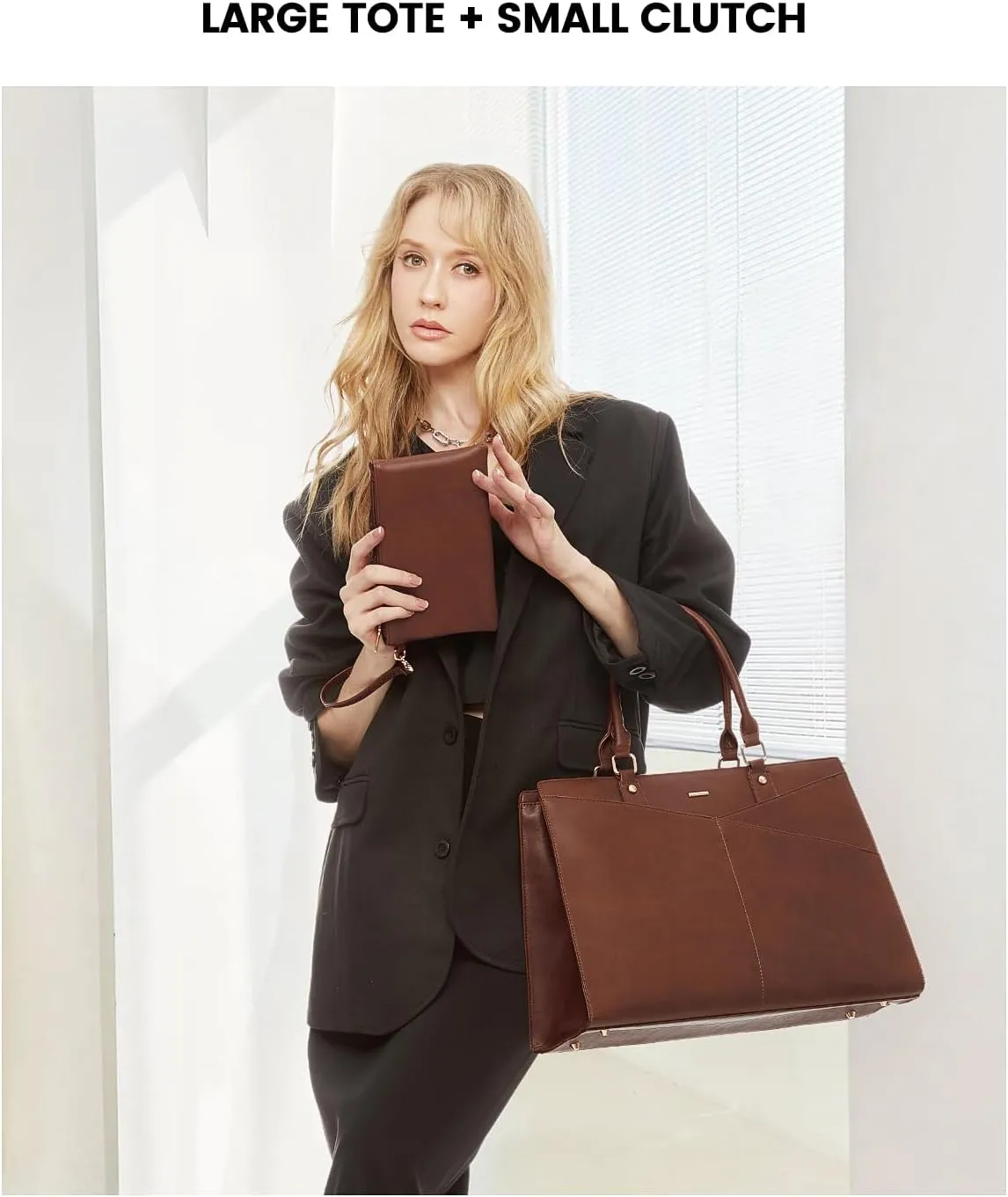 LOVEVOOK Laptop Tote Bag for Women, Leather Business Office Work Bag Computer Briefcase with Small Clutch fit for 15.6 Inch Laptop Retro Brown
