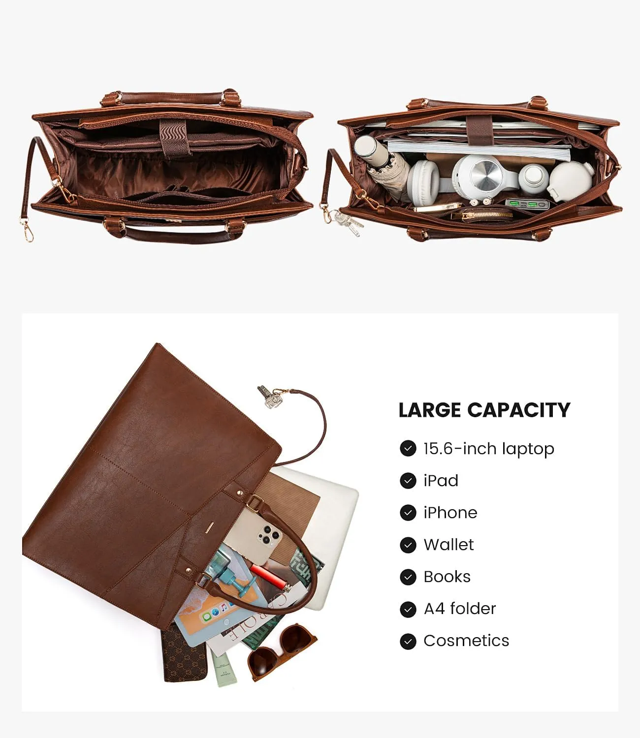 LOVEVOOK Laptop Tote Bag for Women, Leather Business Office Work Bag Computer Briefcase with Small Clutch fit for 15.6 Inch Laptop Retro Brown