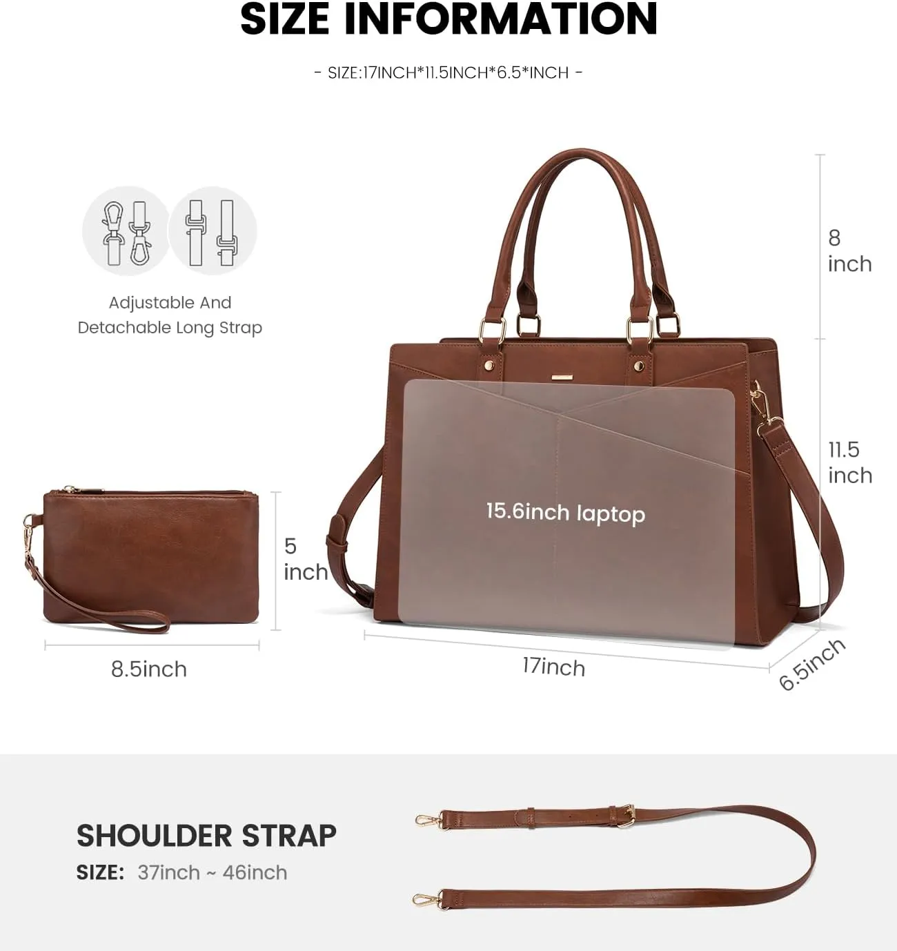 LOVEVOOK Laptop Tote Bag for Women, Leather Business Office Work Bag Computer Briefcase with Small Clutch fit for 15.6 Inch Laptop Retro Brown
