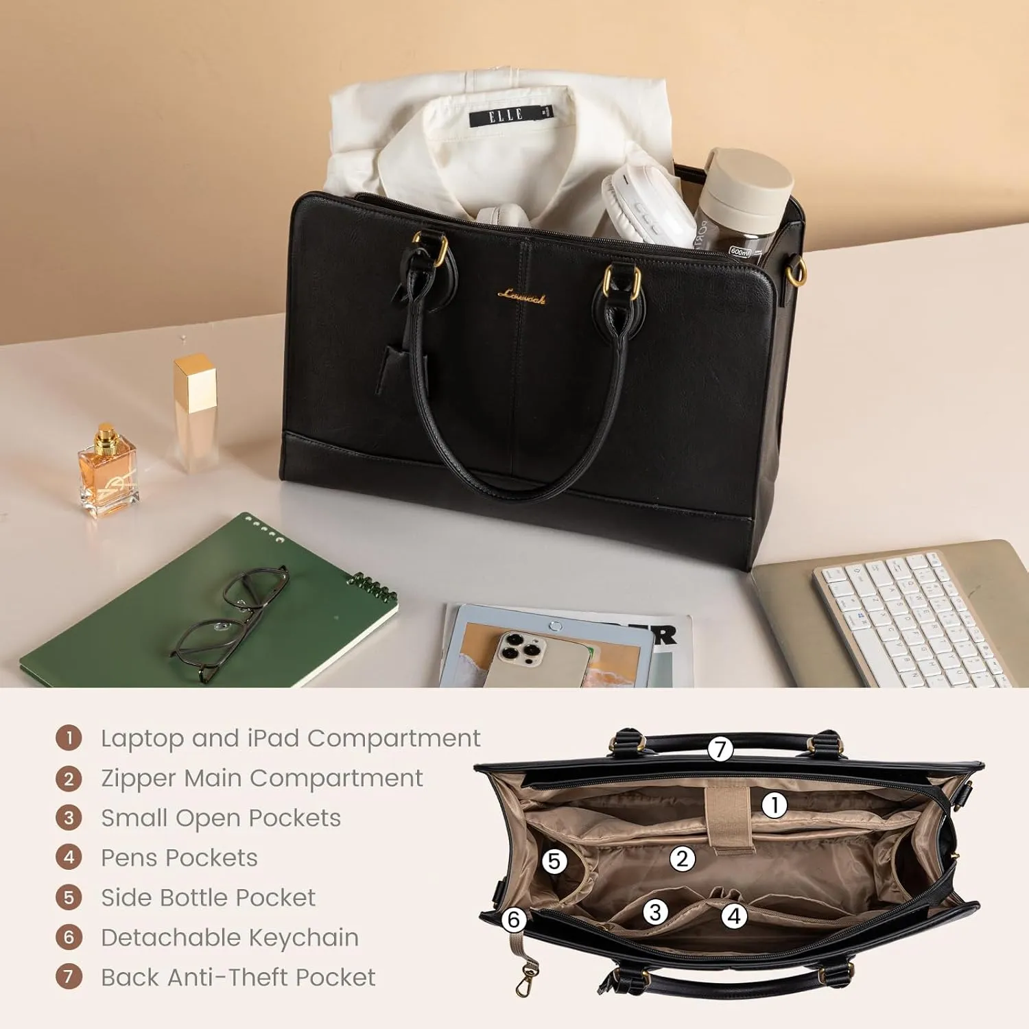 LOVEVOOK Laptop Tote Bag for Women, Vintage Leather Purse, Computer Briefcase, Waterproof Messenger Handbag Satchel Case