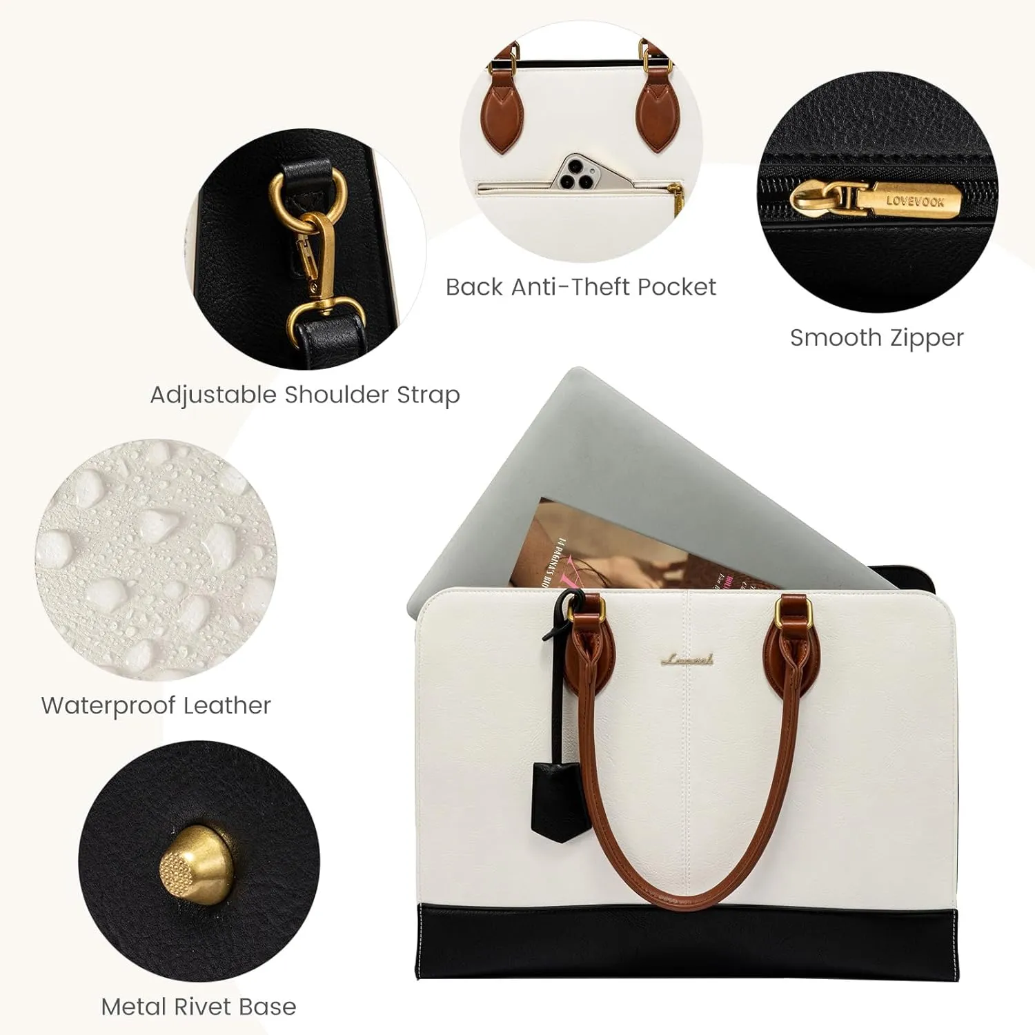 LOVEVOOK Laptop Tote Bag for Women, Vintage Leather Purse, Computer Briefcase, Waterproof Messenger Handbag Satchel Case