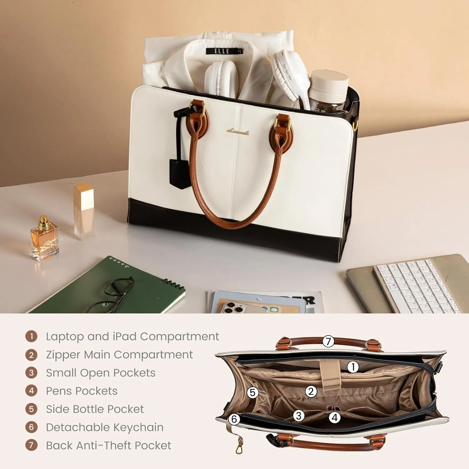 LOVEVOOK Laptop Tote Bag for Women, Vintage Leather Purse, Computer Briefcase, Waterproof Messenger Handbag Satchel Case