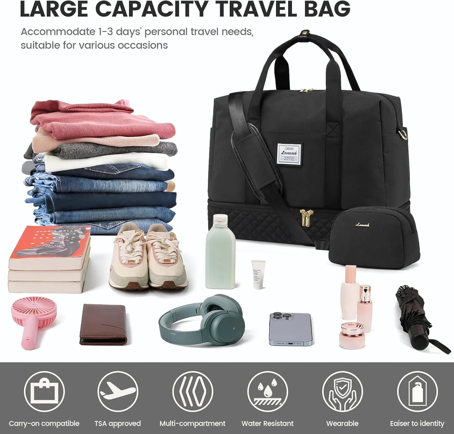 LOVEVOOK Travel Duffel Bag, 18inch Weekender Bags for Women with Shoe Compartment，35L Carry on Overnight Bag with Toiletry Bag, Gym Duffel Bag with Wet Pocket, Hospital Bags for Labor and Deliver
