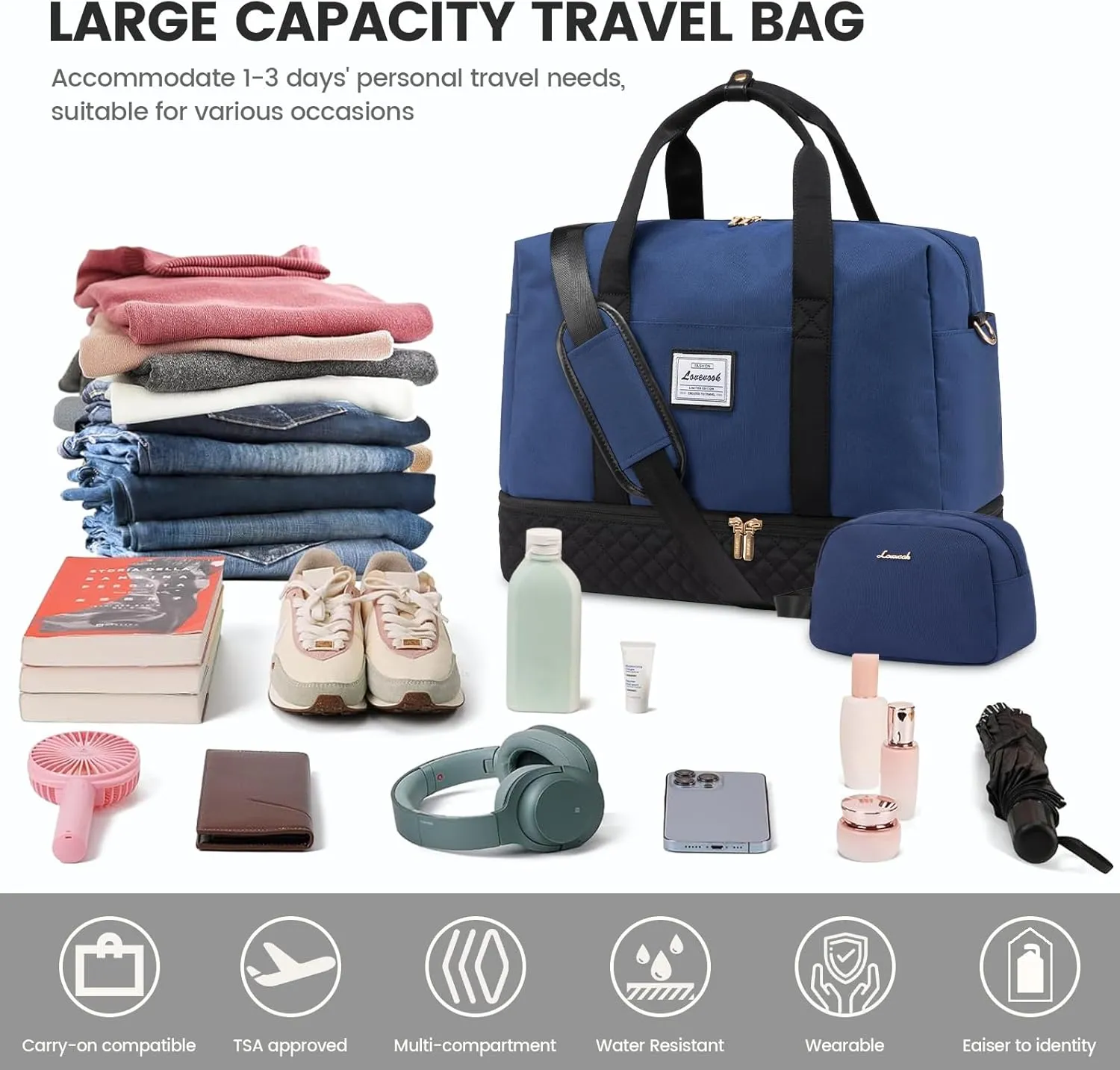 LOVEVOOK Travel Duffel Bag, 18inch Weekender Bags for Women with Shoe Compartment，35L Carry on Overnight Bag with Toiletry Bag, Gym Duffel Bag with Wet Pocket, Hospital Bags for Labor and Deliver