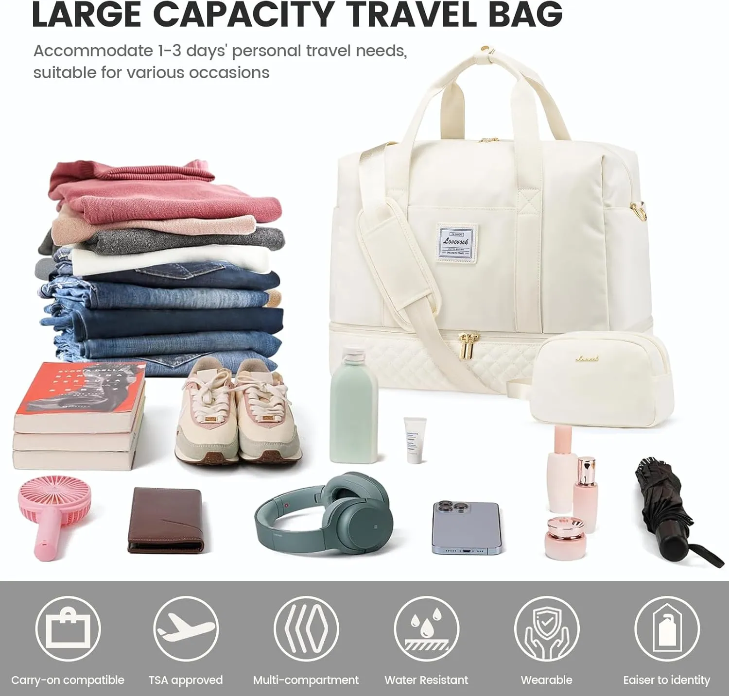 LOVEVOOK Travel Duffel Bag, 18inch Weekender Bags for Women with Shoe Compartment，35L Carry on Overnight Bag with Toiletry Bag, Gym Duffel Bag with Wet Pocket, Hospital Bags for Labor and Deliver