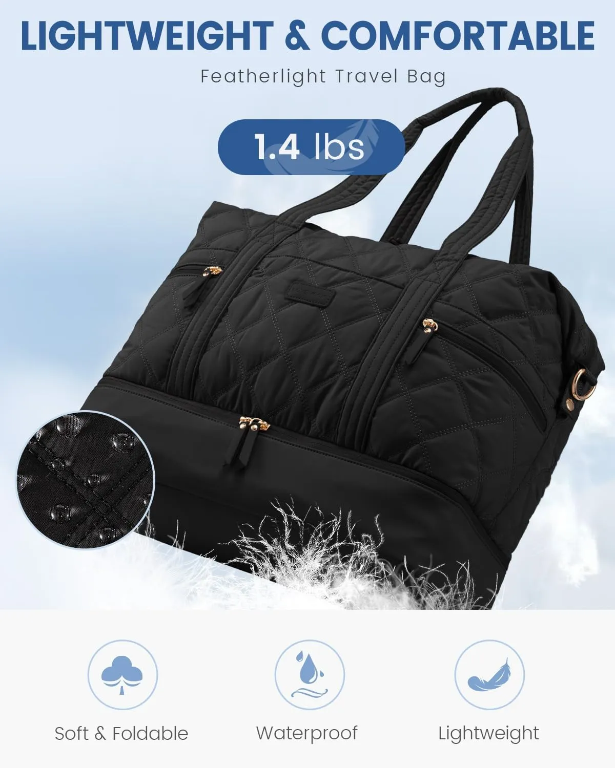 LOVEVOOK Travel Duffle Bag, Lightweight Weekender Bags for Women with Shoe Compartment, Puffer Gym Bag Personal Item Travel Bag, Quilted Overnight Bags and Hospital Bag for Labor and Delivery, Black