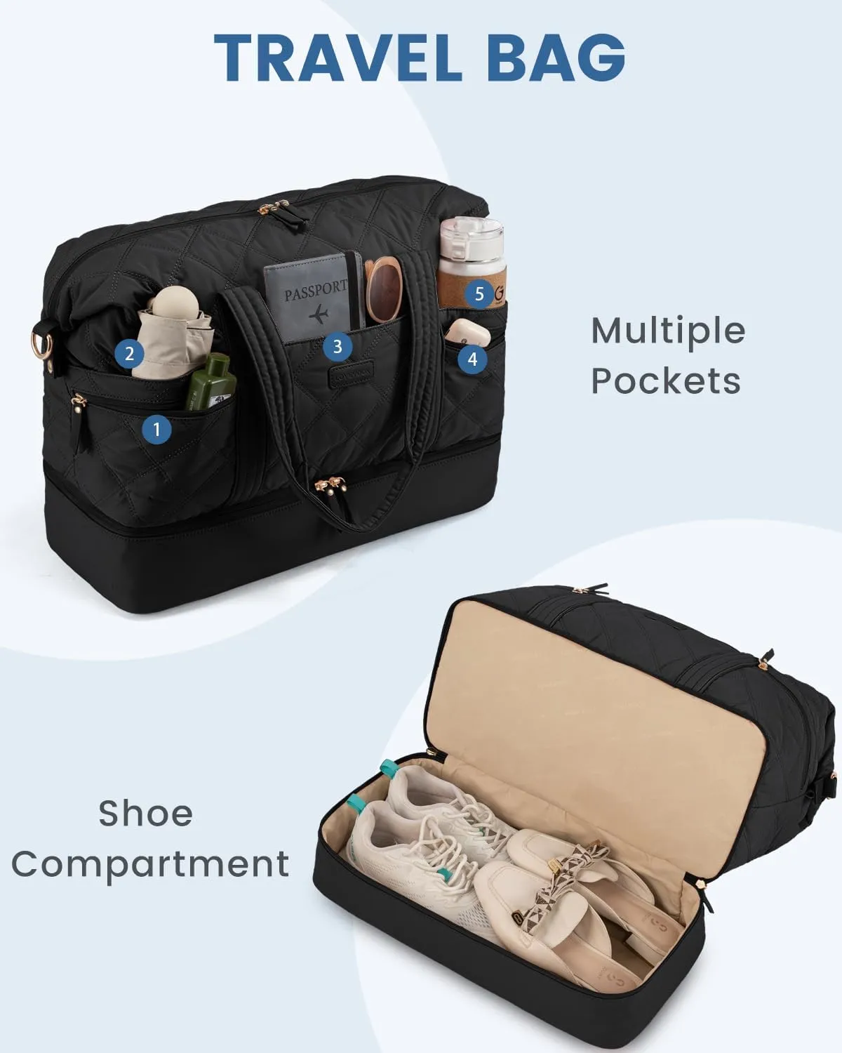 LOVEVOOK Travel Duffle Bag, Lightweight Weekender Bags for Women with Shoe Compartment, Puffer Gym Bag Personal Item Travel Bag, Quilted Overnight Bags and Hospital Bag for Labor and Delivery, Black