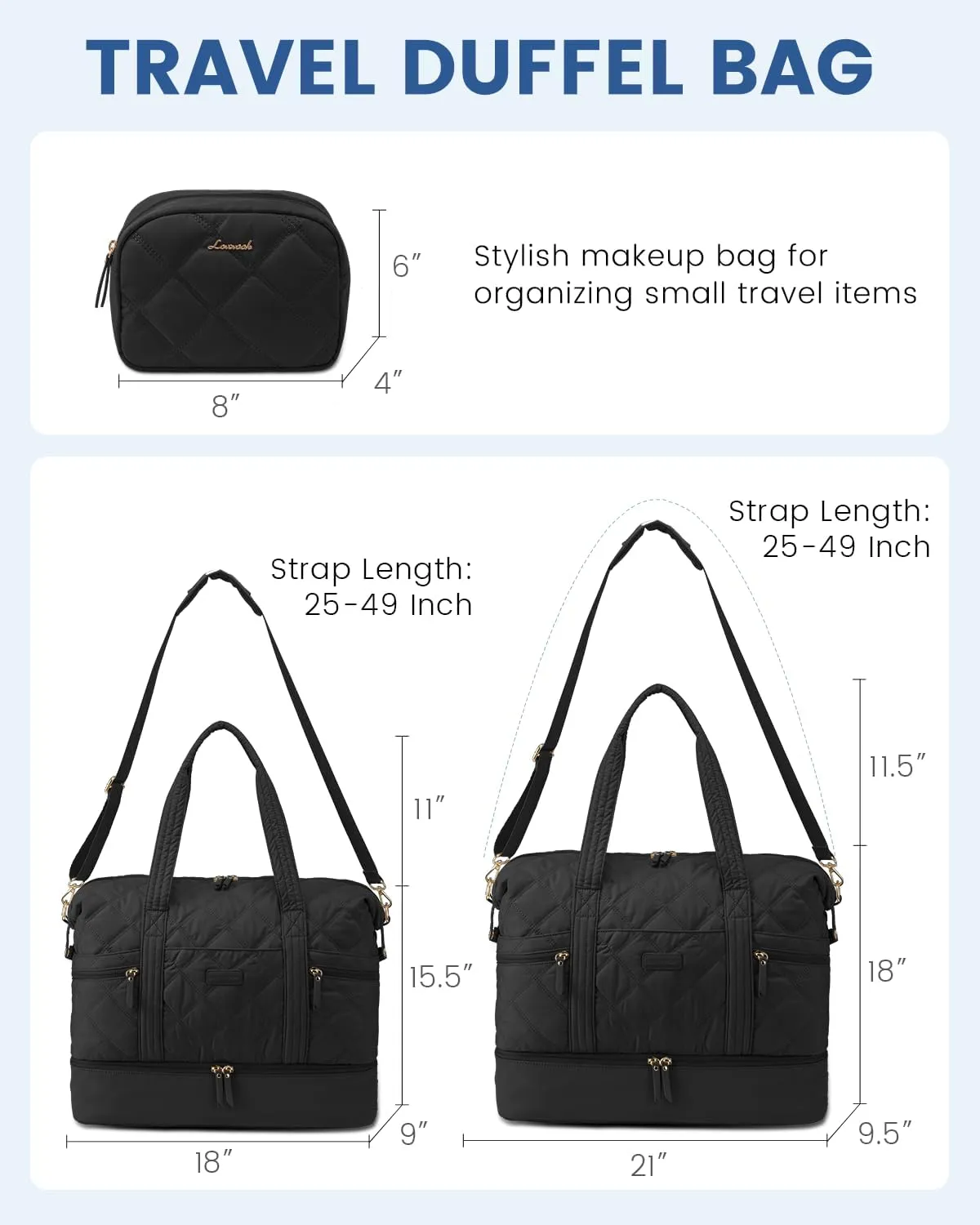 LOVEVOOK Travel Duffle Bag, Lightweight Weekender Bags for Women with Shoe Compartment, Puffer Gym Bag Personal Item Travel Bag, Quilted Overnight Bags and Hospital Bag for Labor and Delivery, Black