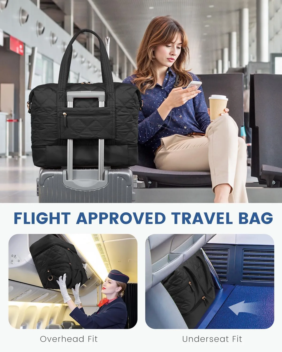 LOVEVOOK Travel Duffle Bag, Lightweight Weekender Bags for Women with Shoe Compartment, Puffer Gym Bag Personal Item Travel Bag, Quilted Overnight Bags and Hospital Bag for Labor and Delivery, Black