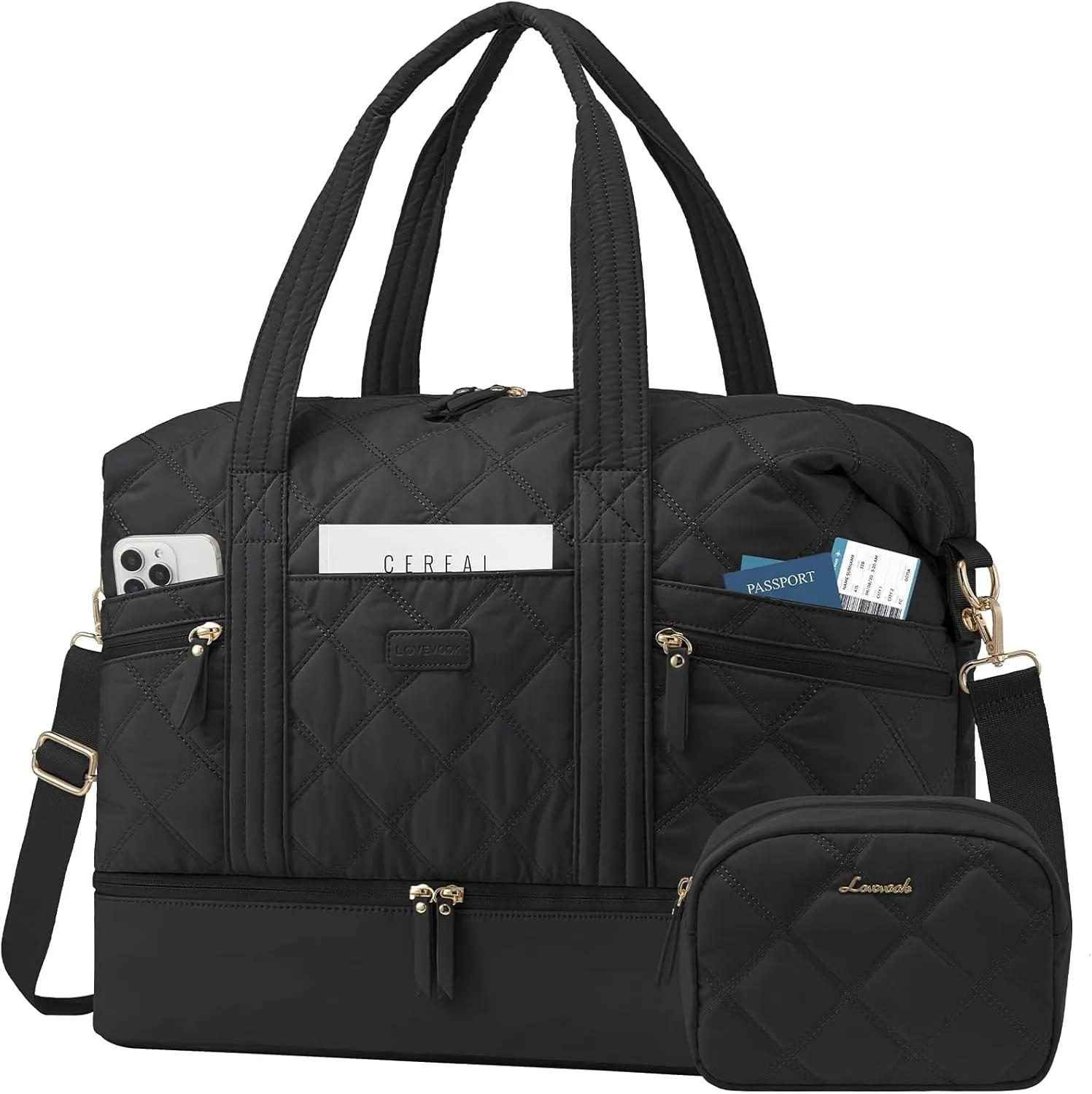 LOVEVOOK Travel Duffle Bag, Lightweight Weekender Bags for Women with Shoe Compartment, Puffer Gym Bag Personal Item Travel Bag, Quilted Overnight Bags and Hospital Bag for Labor and Delivery, Black