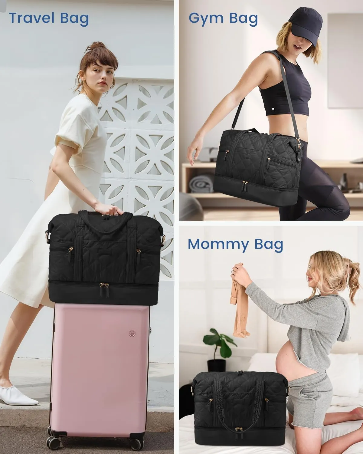 LOVEVOOK Travel Duffle Bag, Lightweight Weekender Bags for Women with Shoe Compartment, Puffer Gym Bag Personal Item Travel Bag, Quilted Overnight Bags and Hospital Bag for Labor and Delivery, Black
