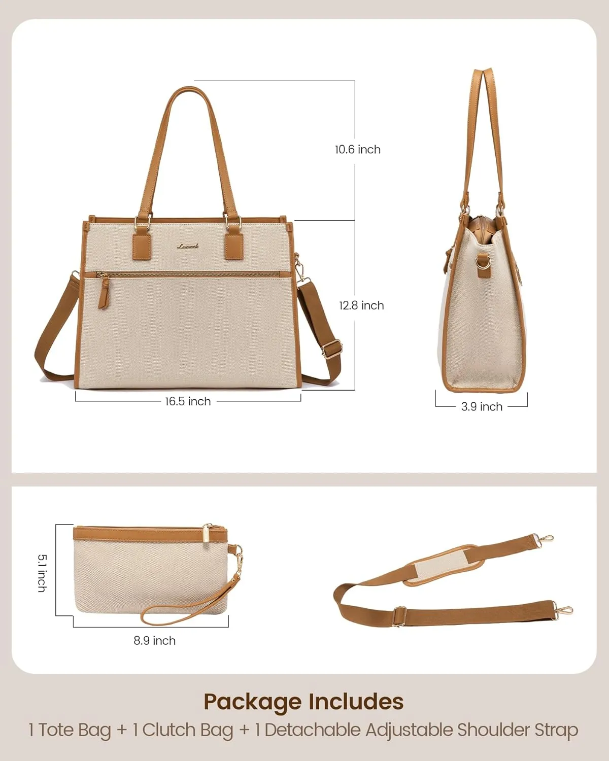LOVEVOOK Women's 15.6 inch Jute Computer Tote Bag - Large Capacity Handbag with Clutch Purse for Office, Business, School, Travel, Casual (Apricot & Brown)