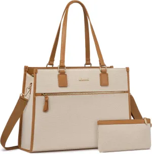 LOVEVOOK Women's 15.6 inch Jute Computer Tote Bag - Large Capacity Handbag with Clutch Purse for Office, Business, School, Travel, Casual (Apricot & Brown)