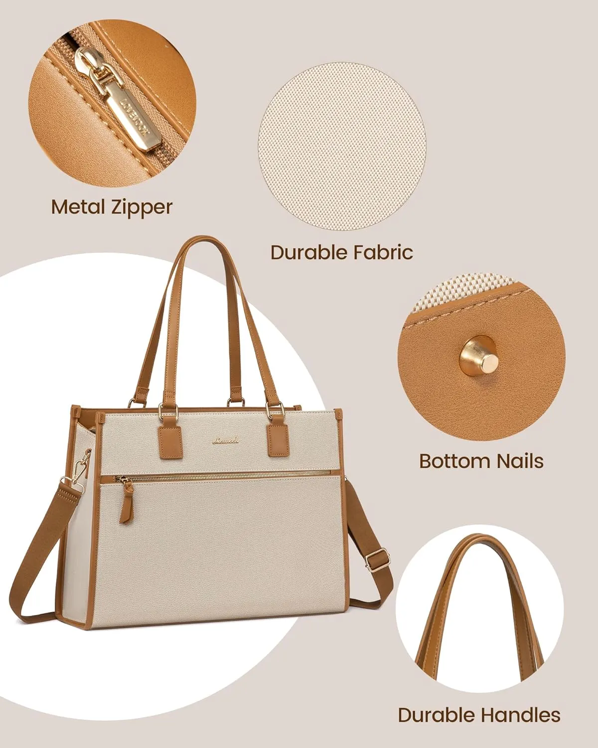 LOVEVOOK Women's 15.6 inch Jute Computer Tote Bag - Large Capacity Handbag with Clutch Purse for Office, Business, School, Travel, Casual (Apricot & Brown)