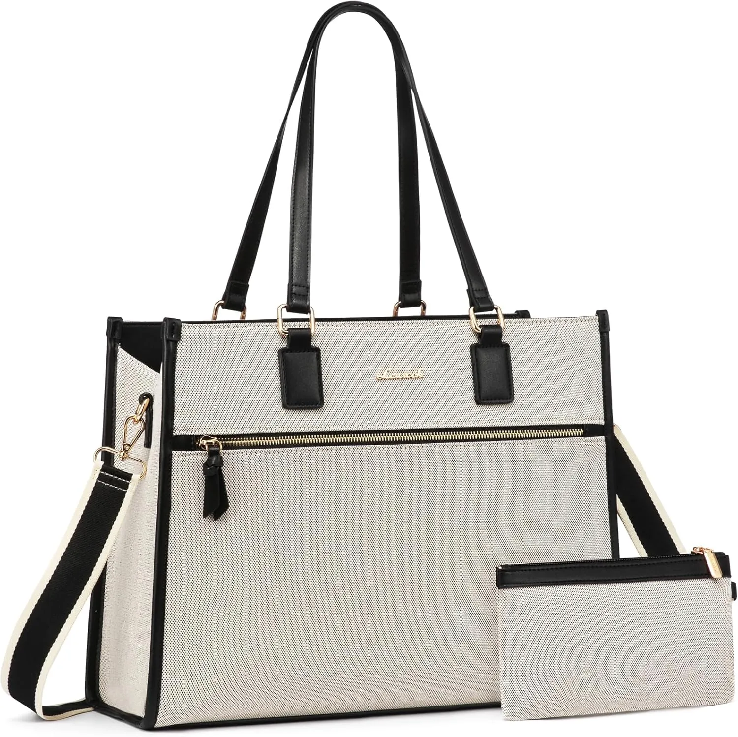 LOVEVOOK Women's 15.6 inch Jute Computer Tote Bag - Large Capacity Handbag with Clutch Purse for Office, Business, School, Travel, Casual (Black & White)