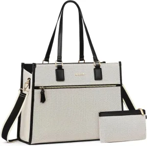 LOVEVOOK Women's 15.6 inch Jute Computer Tote Bag - Large Capacity Handbag with Clutch Purse for Office, Business, School, Travel, Casual (Black & White)