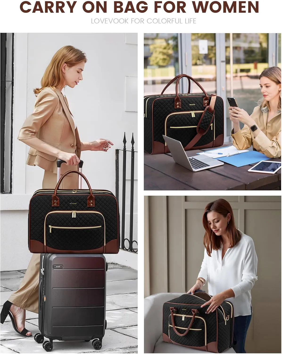 LOVEVOOK Women's Weekender Bag - Carry-On with Laptop Compartment, Shoe & Toiletry Bags (4Pc Set)