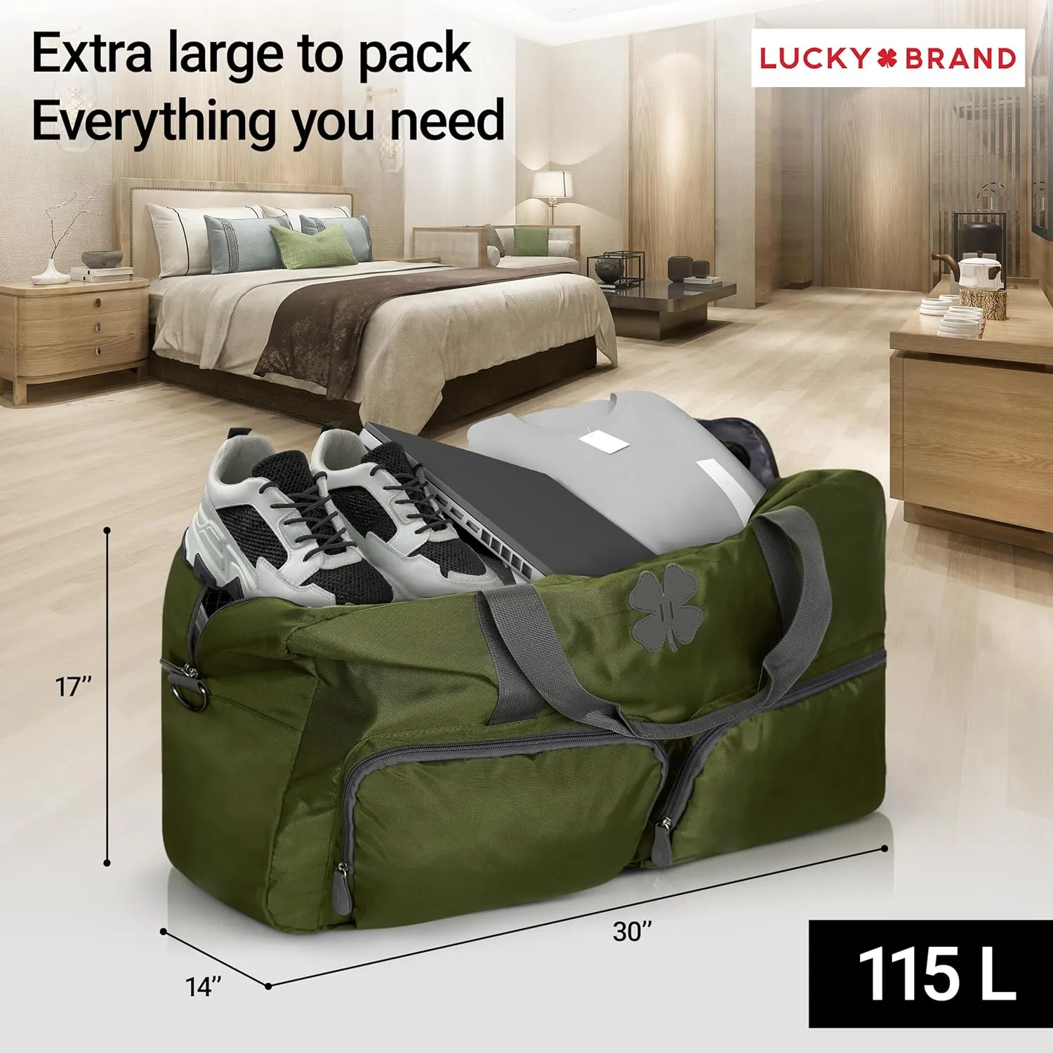 Lucky Travel Duffel Bags 115L, Gym Bag, Travel Bag & Large Duffle Bag for Men, Foldable Overnight Weekender Bags for Women & Men with Adjustable Shoulder Strap, Loden Green