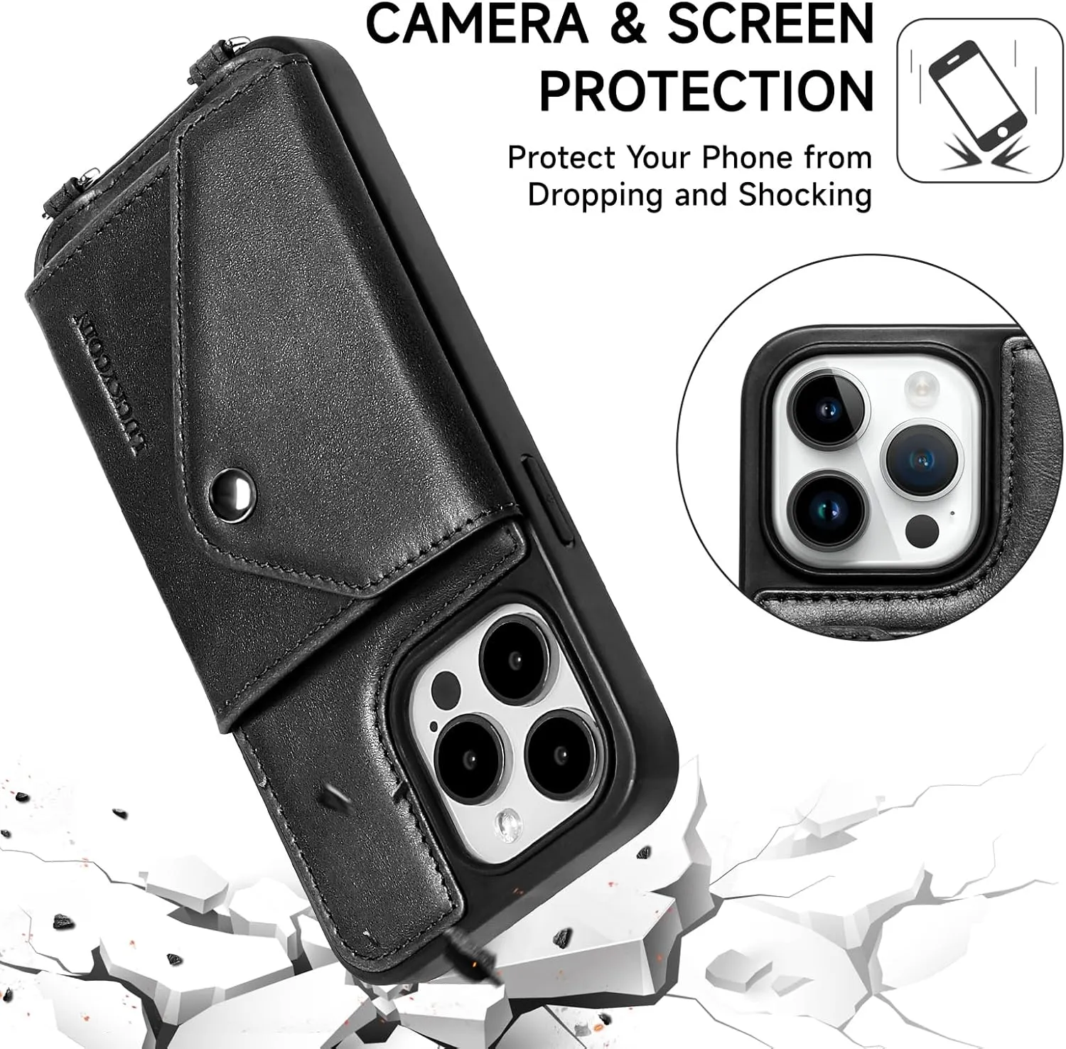 LUCKYCOIN for iPhone 14 Pro Max Case for Women,Crossbody Wallet Phone Case with Expandable Flip Card Holder,Genuine Leather Phone Purse with Strap,Compatible with iPhone 14 Pro Max 6.7" 2024 Black