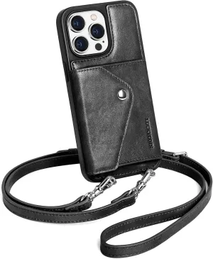 LUCKYCOIN for iPhone 14 Pro Max Case for Women,Crossbody Wallet Phone Case with Expandable Flip Card Holder,Genuine Leather Phone Purse with Strap,Compatible with iPhone 14 Pro Max 6.7" 2024 Black