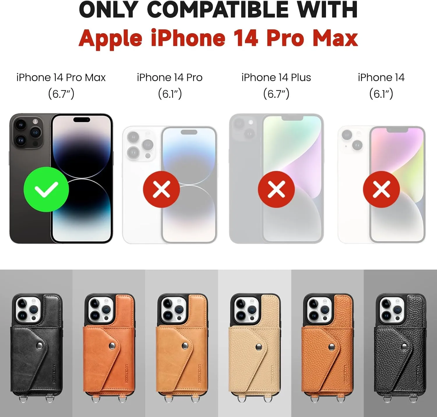 LUCKYCOIN for iPhone 14 Pro Max Case for Women,Crossbody Wallet Phone Case with Expandable Flip Card Holder,Genuine Leather Phone Purse with Strap,Compatible with iPhone 14 Pro Max 6.7" 2024 Black